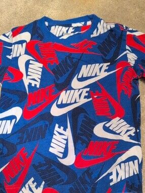 Nike Blue Red White Allover Logo Tee for Kids